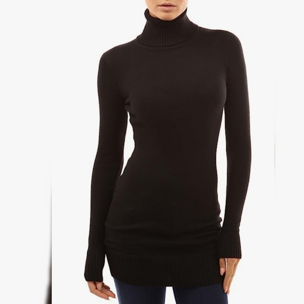 PattyBoutik Black Knit Turtleneck Tunic Sweater Dress